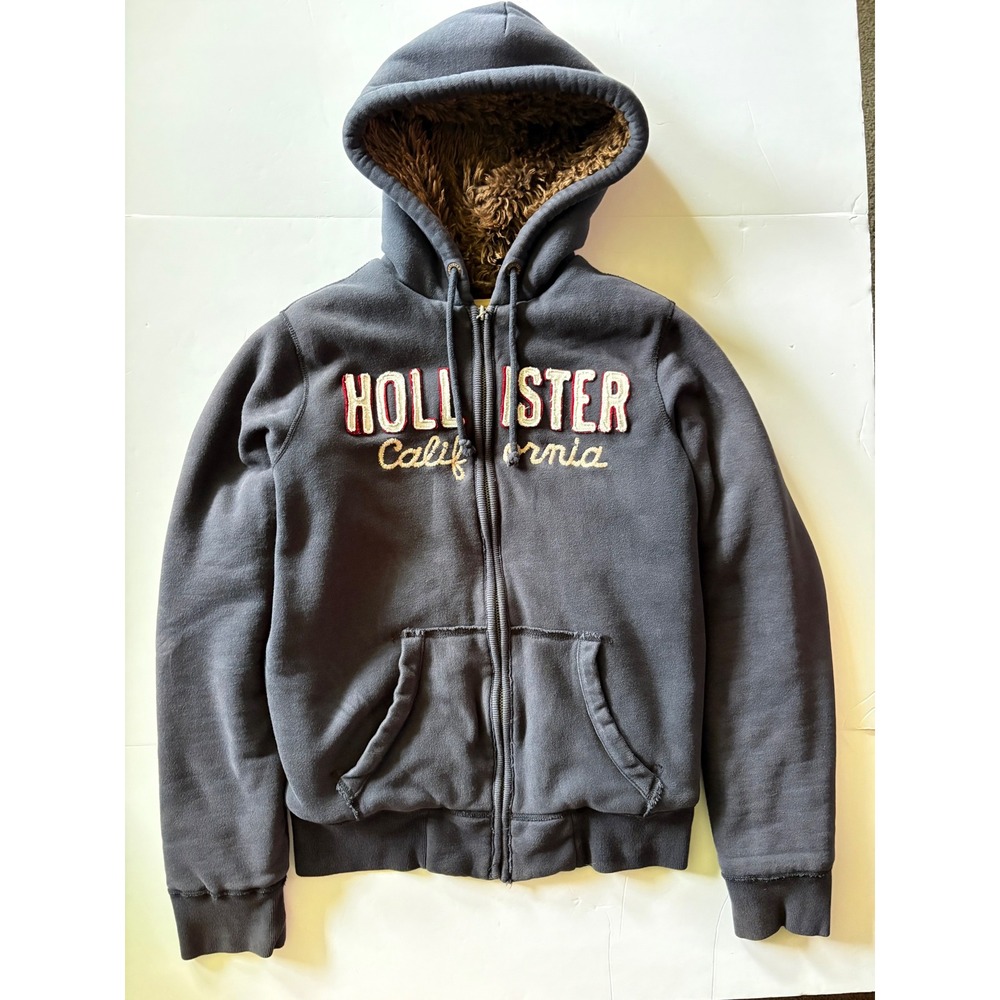 Hollister Vintage Y2K Mens Medium Navy Faux Fur Lined Full Zip Hoodie Sweatshirt